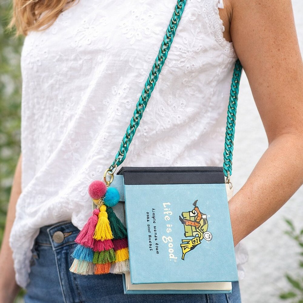 Bookmark Purse, Book Carrier, Teal Chain & Pom Pom Tassel